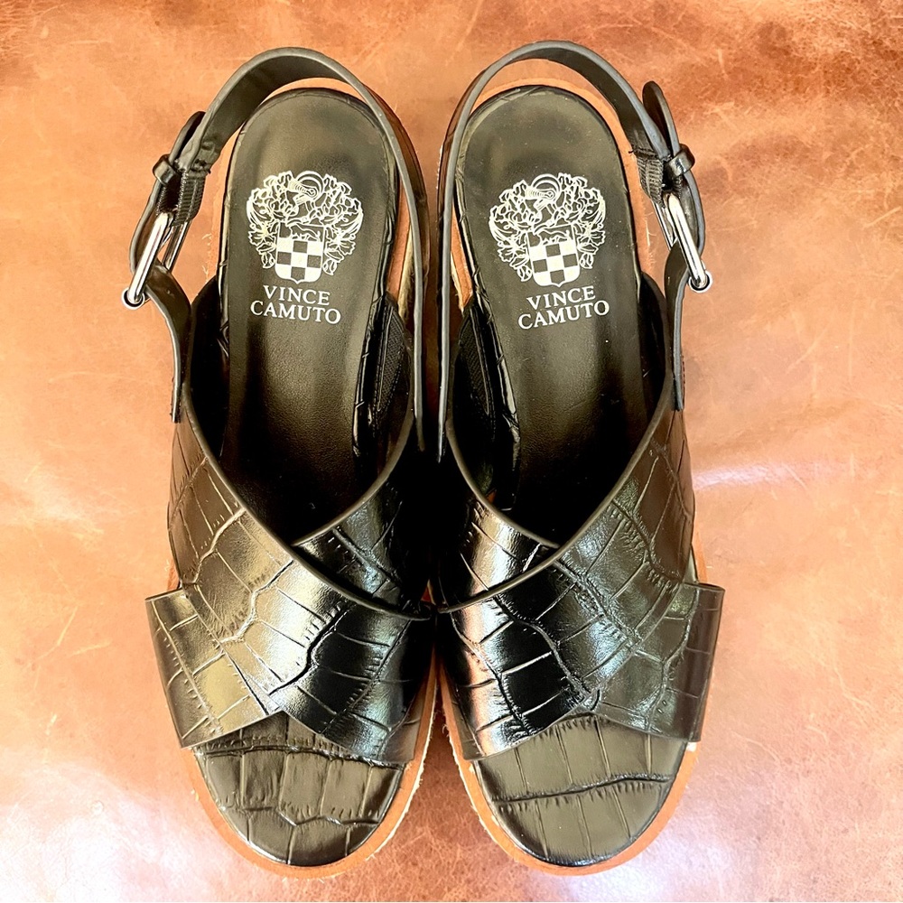 Vince Camuto Marietter Genuine Croc Embossed Leather Wedge Slingback Sandals Sz8 - Picture 7 of 14